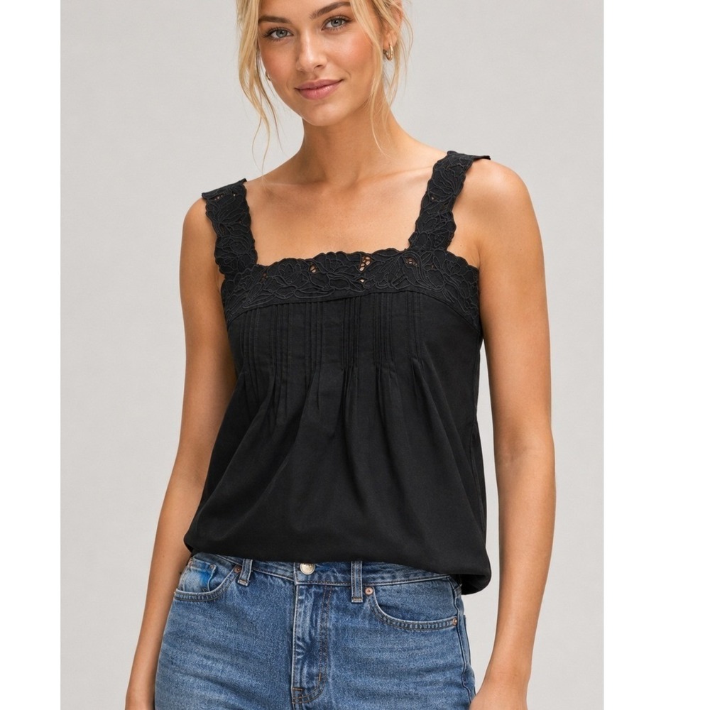 J.Crew Tank Top Womens Size Large Black Rose Lace Trim Compact Poplin Cotton NWT